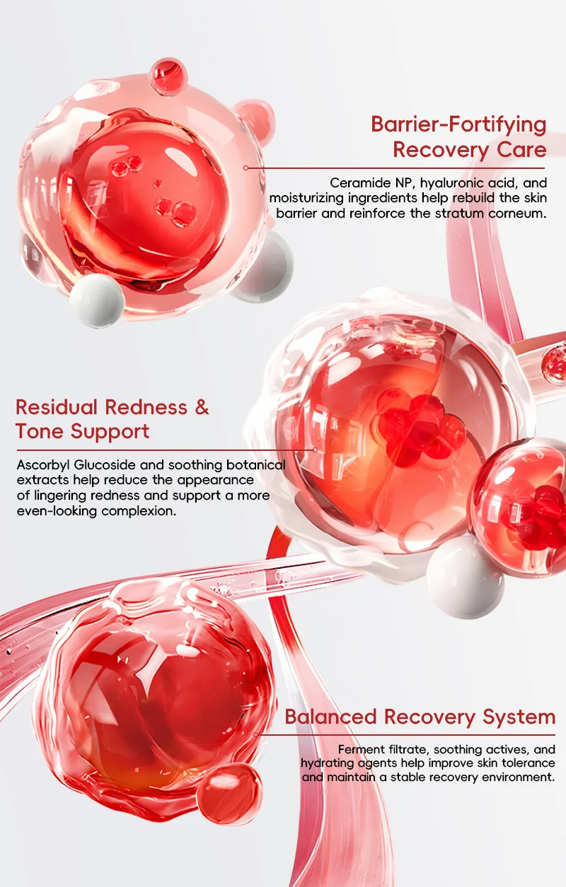 Illustration of skin recovery ingredients including ceramide, ascorbyl glucoside, and hydrating agents for barrier care and redness support.
